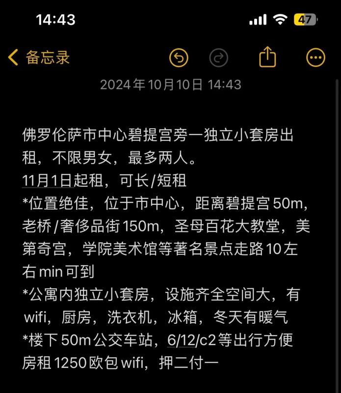 佛罗伦萨市中心碧提宫旁一独立小套房合租找室友